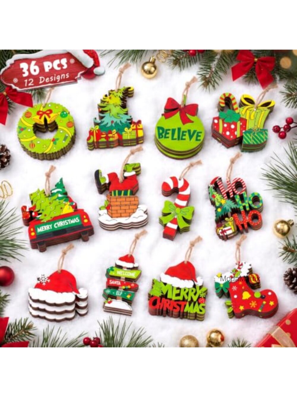 36 Pc Wooden Christmas Ornaments Hanging Decorations with Jute String